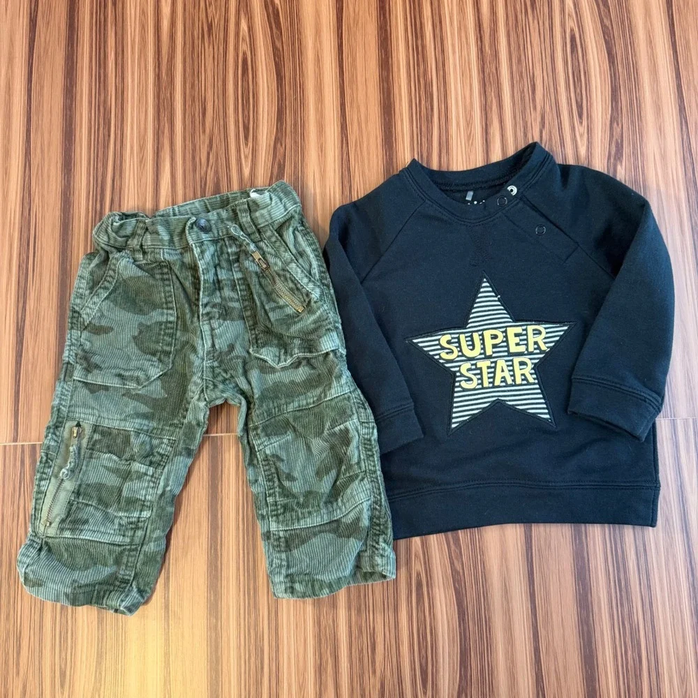 Lot of 4 pc Baby 12M Bundle Winter Christmas Bodysuits Sweatshirts Camo‎ Pants